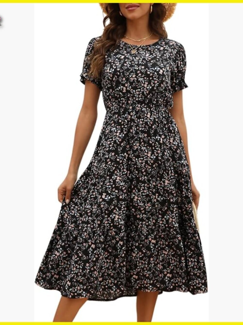Floral Print Puff Sleeve Tiered A-Line Swing Midi Dress with Pockets